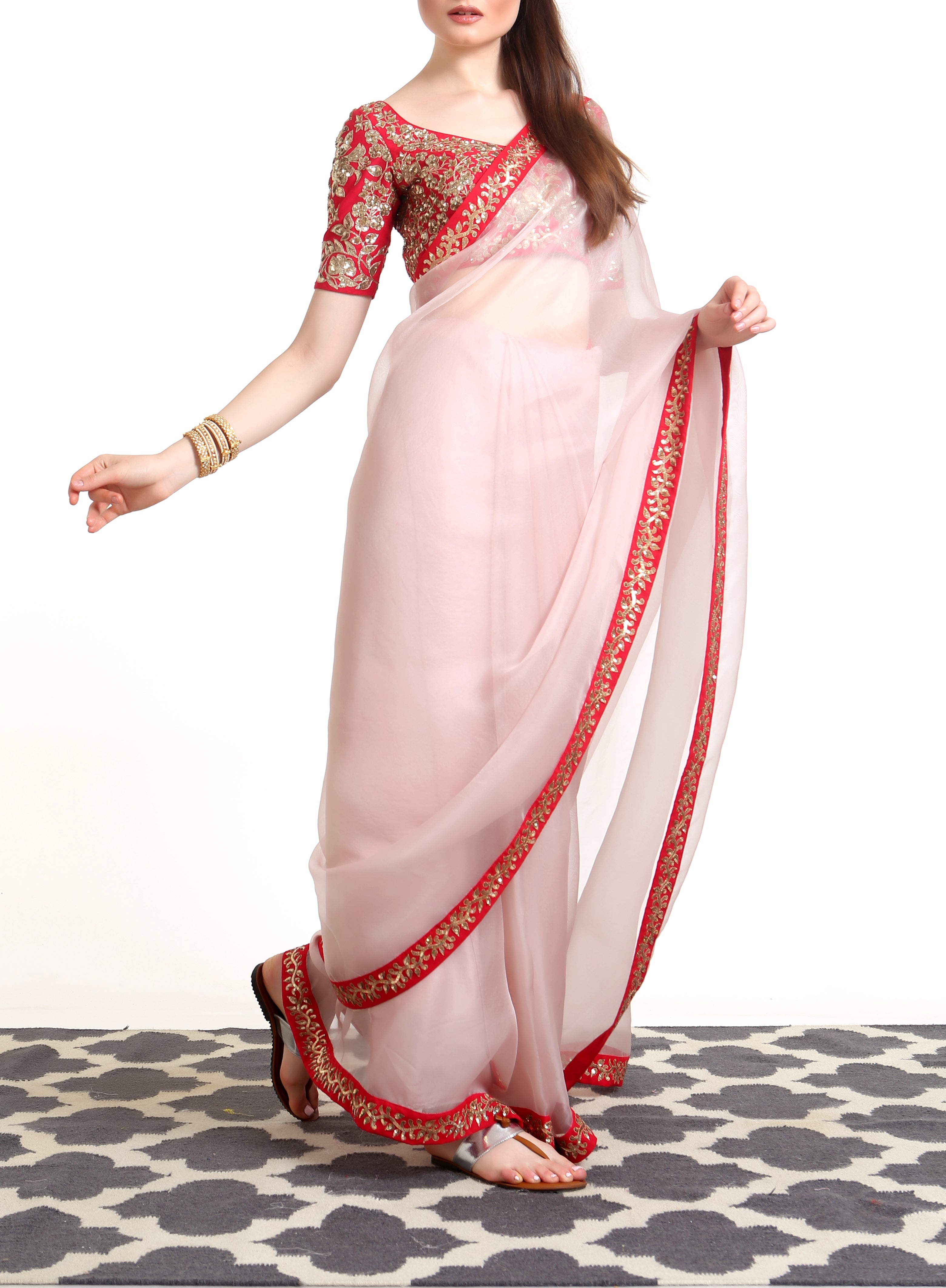 powder pink floral sequinned organza saree - Nivedita Pret & Couture