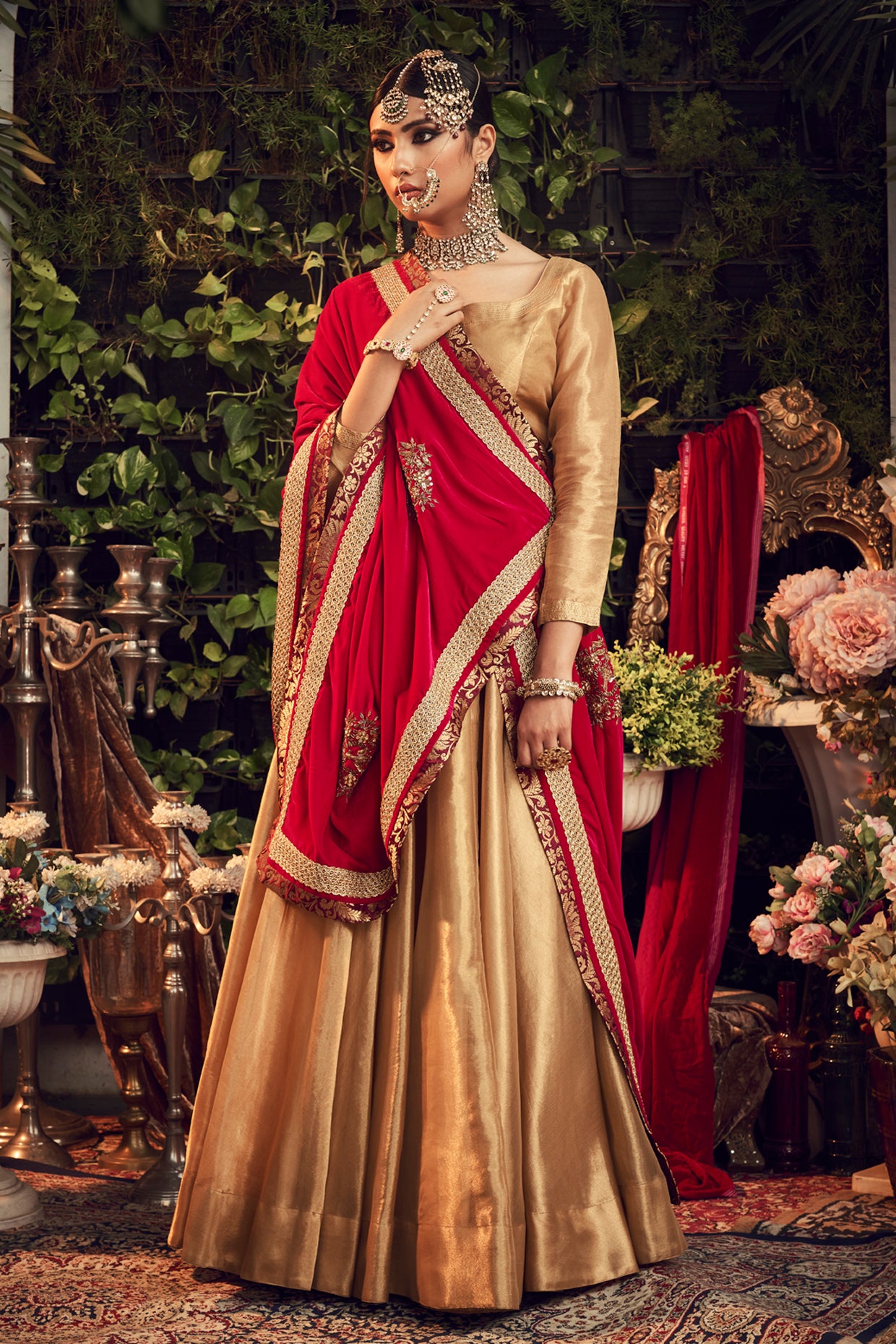 Lehenga Choli Party Wear Red Golden Banarasi Silk | Omzara