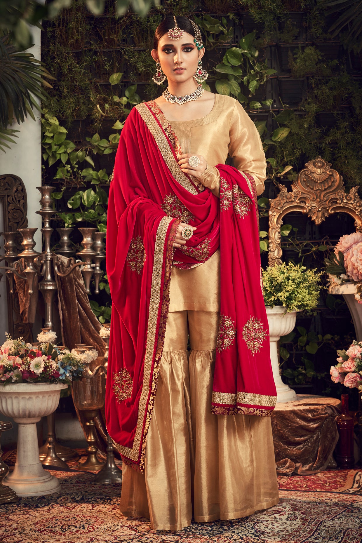 red and golden sharara dress Red Embroidered Kurta Set with Golden Sharara