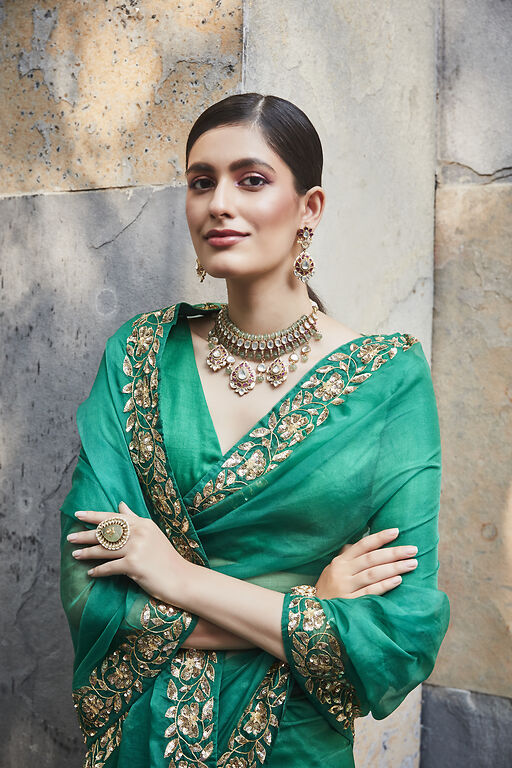 Silk Mark Certified Katan Silk Banarasi Saree in Emerald Green and Gold |  Bengal Looms